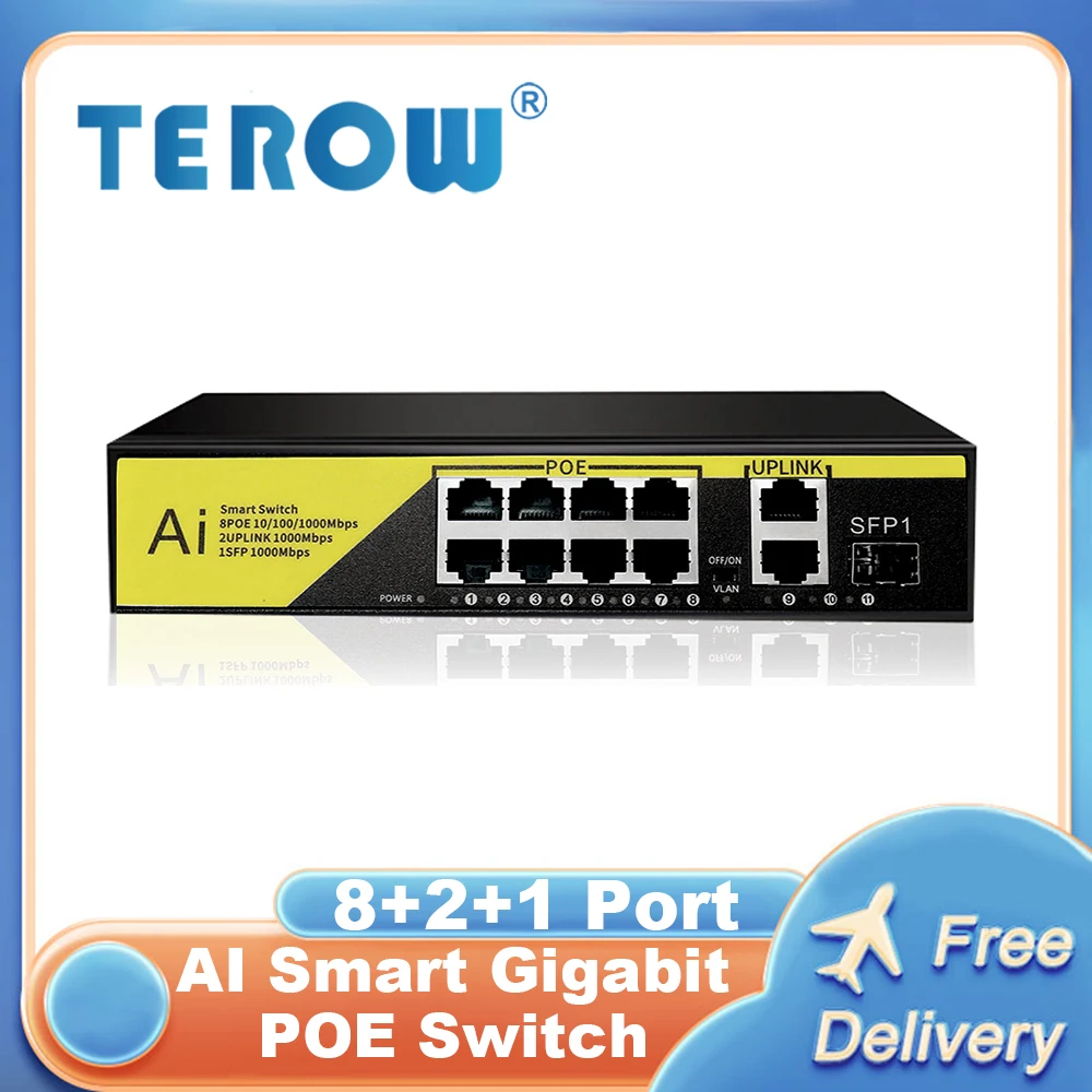 TEROW 10-Port POE Full Gigabit Switch 52V 8 Port POE+2 Uplinks+1 SFP 1000Mbps AI Smart  Ethernet Switch for IP Camera/Wifi Route