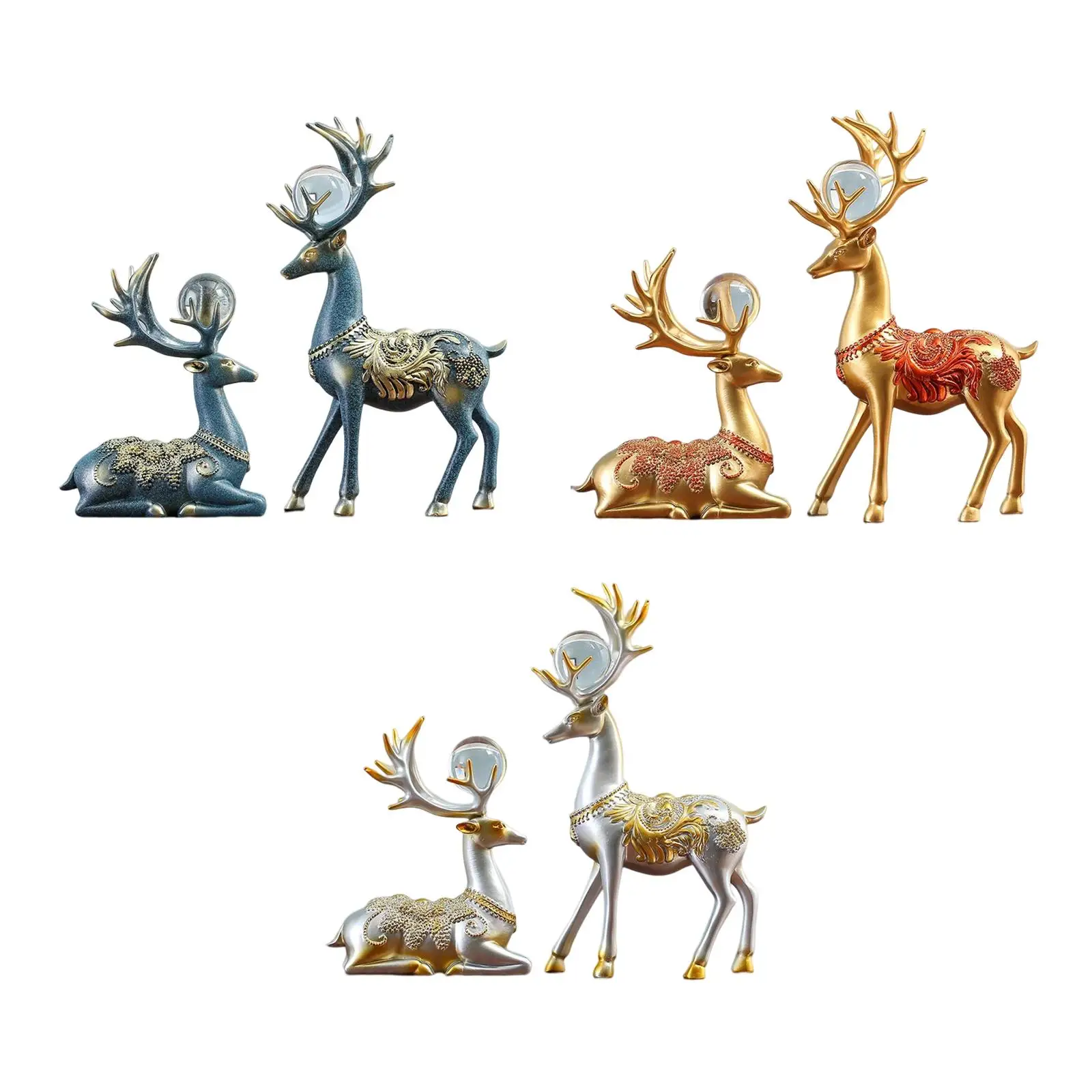

2x Couple Deer Statue Reindeer Lover Figurine Standing and Sitting Animal Ornaments Elk Sculpture for Bookcase Dining Room Decor
