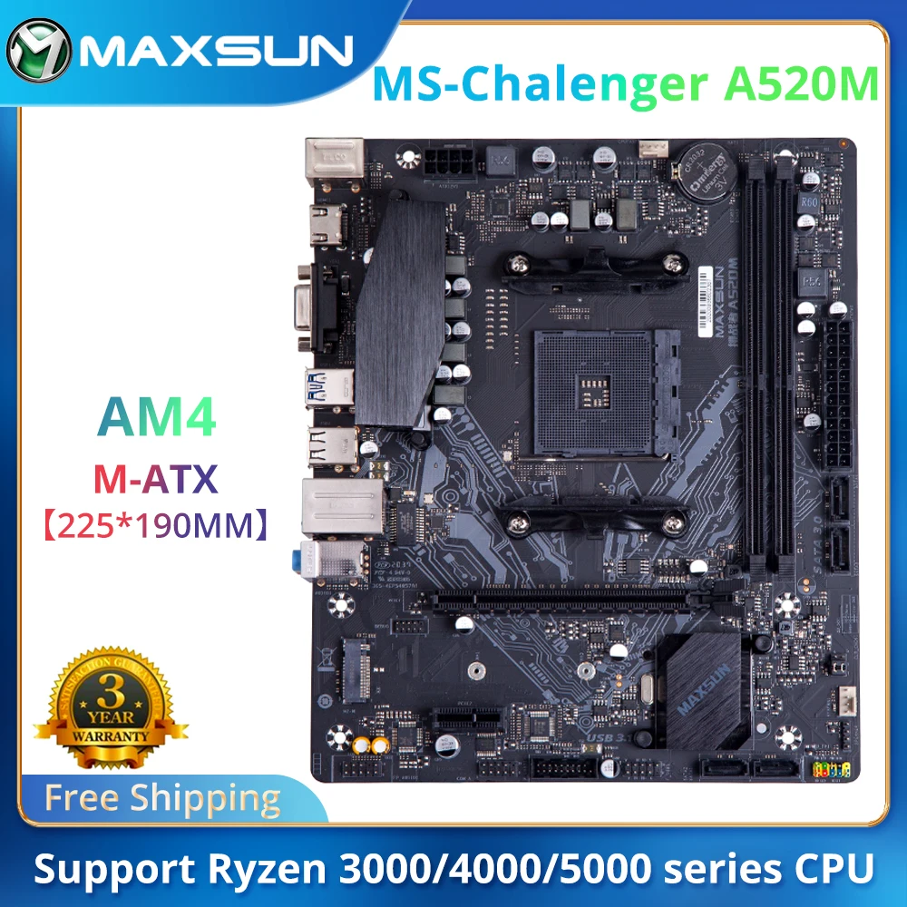 MAXSUN New Challenger A520M Motherboard Dual-channel DDR4 Memory M.2 AM4 Supports Ryzen 5 (3600/5600/5600X/5600G CPU)