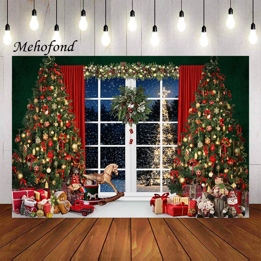 

Mehofond Photography Background Christmas Window Winter Night Snowy Xmas Tree Child Family Portrait Decor Backdrop Photo Studio