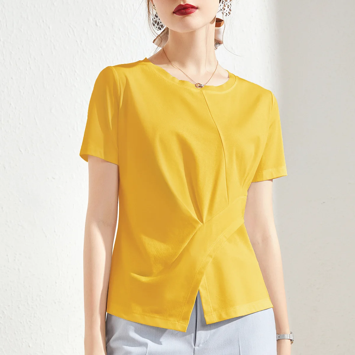 

Round neck casual short sleeve solid color top summer new style 2022 grey