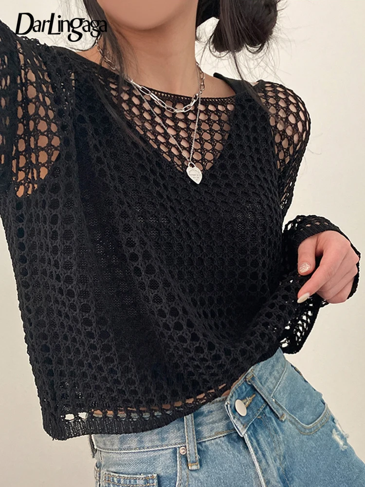 

Darlingaga Casual Loose Black Knitted Smock Crop Tops Harajuku Summer T-shirts for Women Korean Basic Beach Sun Protection Shirt