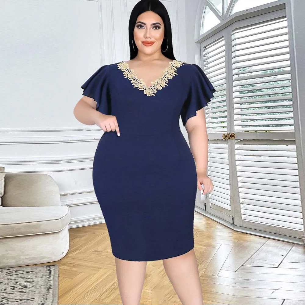 

Женское Кружевное облегающее платье, вечерние тное облегающее платье с V-образным вырезом и оборками на рукавах, праздничное платье в запад...