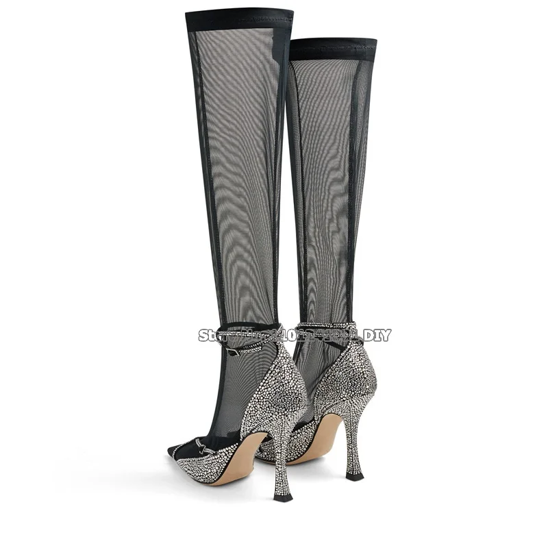 Crystal High Heel Black Mesh Knee High Boots Women Chunky Heeled Pointy Toe Cross Buckle Designer Long Bota Feminina