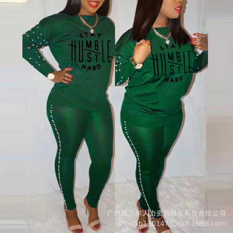 Letter Print Beaded Decor Casual Top & Pants Set Women 2pcs Clothes Suit Spring Summer Clothing Long Sleeve T Shirt Pencil Pants