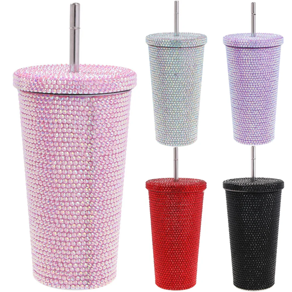 750ml Cup with Lid Straw Rhinestone Reusable Stainless Steel