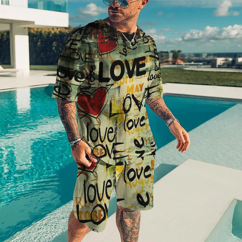2022 Men's Sets Summer Short Sleeve T-Shirt Suit Fashion 2 Piece Streetwear 3D Print Sports Beach Shorts Tracksuit Male Clothes