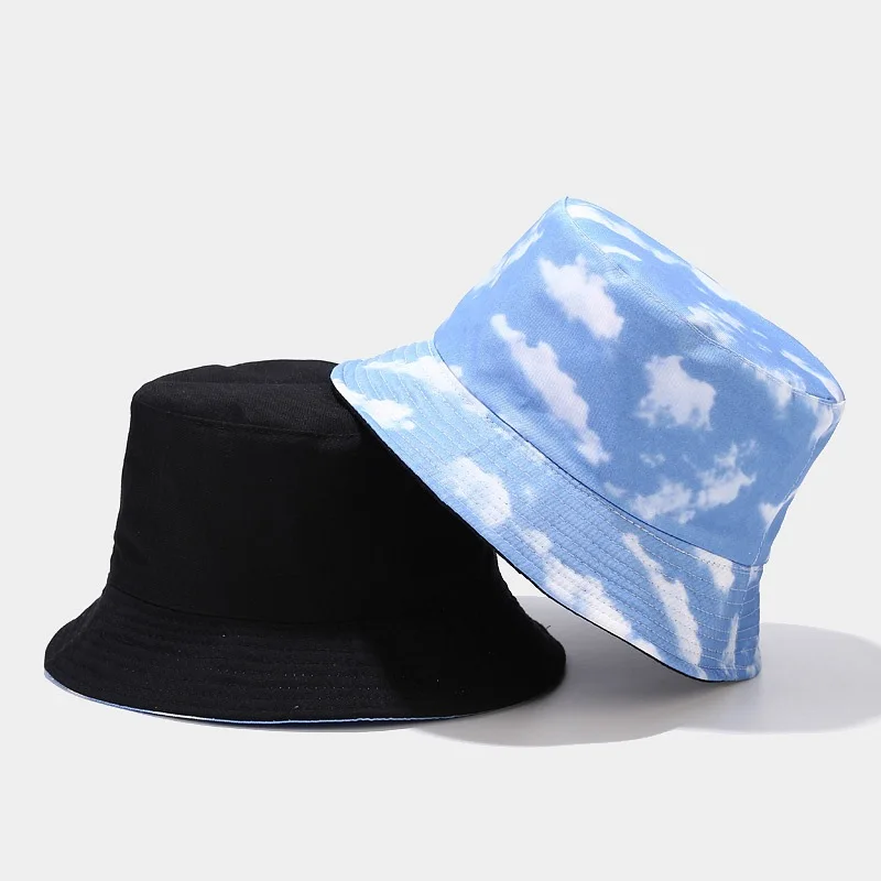 

2022 Cotton Blue Sky And White Clouds Print Bucket Hat Fisherman Hat Outdoor Travel Sun Cap For Men And Women 05