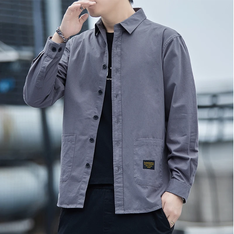 

Spring 2022 Men's Big Pocket Design Long Sleeve Shirts High Quality Solid Color Casual Top Office Men's Vacation Loose Clothes