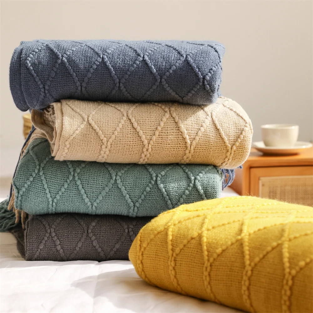 

Nordic Knitted Blanket Soild Color Sofa Throw Blanket With Tassels Travel TV Nap Blankets Air Condition Blankets Bed Decorative