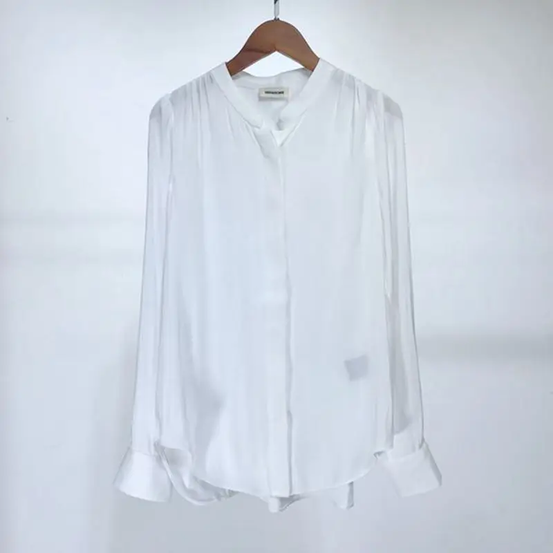 

2022 Women's satin button-up white touchy shirt with long sleeves ladies fashion classice blouse with v-neck