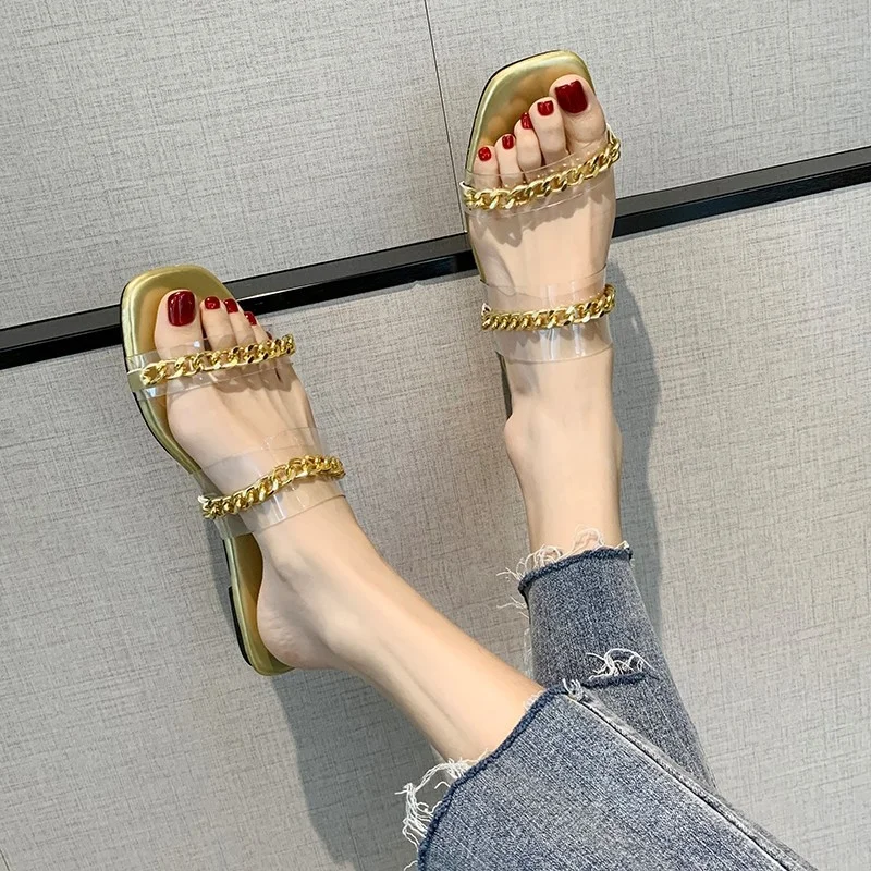 

Летние Новые Модные пикантные прозрачные женские тапочки с открытым носком и украшением цепочкой, женские пляжные тапочки для женщин, 2021