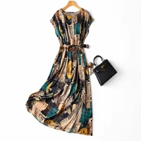 natural silk woman dress vintage spandex a line sashes mid calf raglan sleeve o neck summer print natural factors