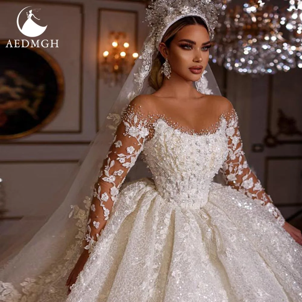 

Aedmgh Ball Gown Princess Wedding Dresses 2023 O-Neck Long Sleeve Vestido De Novia Gorgeous Appliques Lace Beaded Robe De Mariee