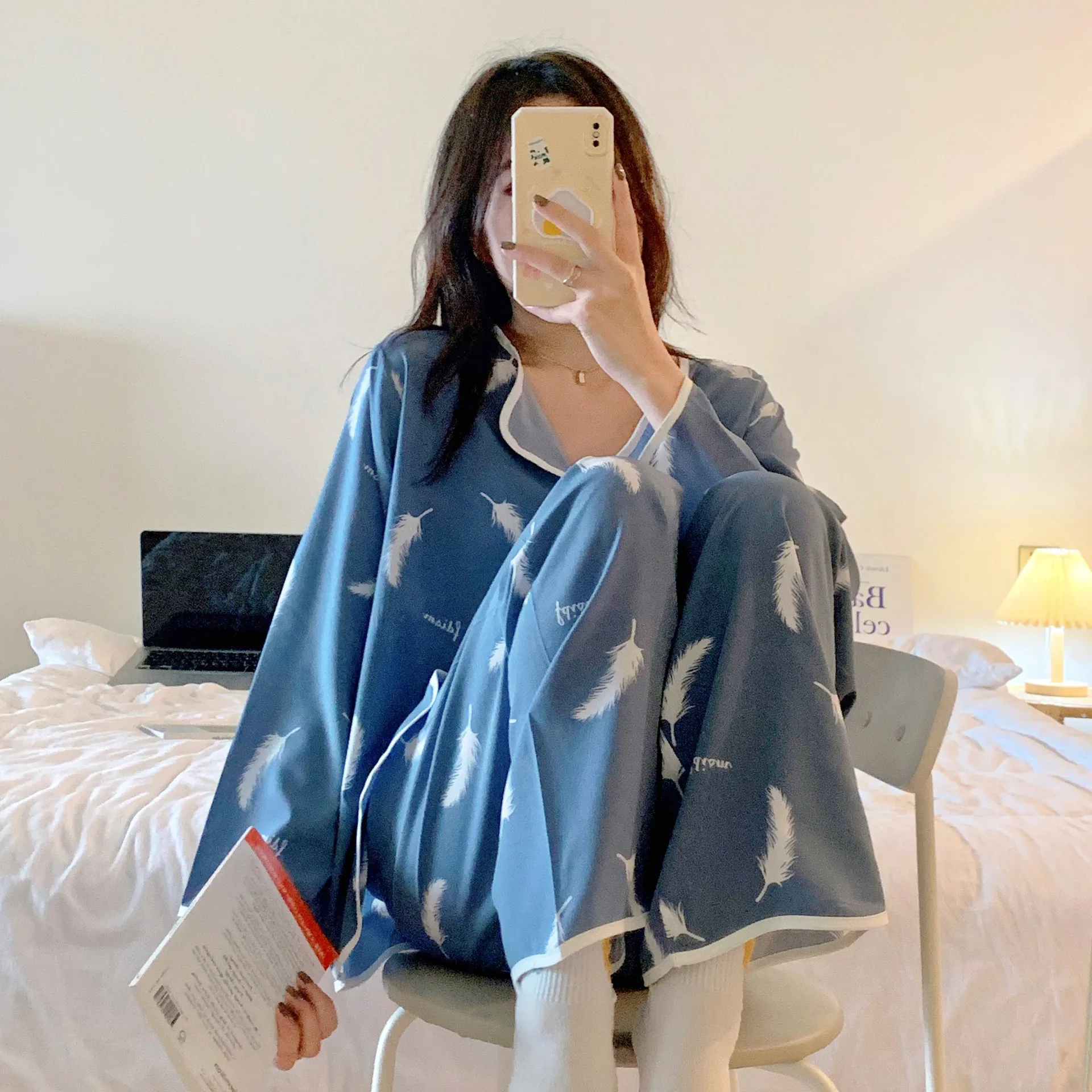 

Fashion Spring Autumn New Two Piece Suit Sleepwear Women Long Sleeve Comfortable Loose Casual Daily Nightclothes Pajamas Set