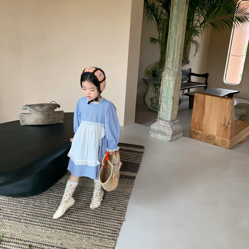 Платье для девочек новая весенне-осенняя кружевная клетчатая юбка в стиле ретро