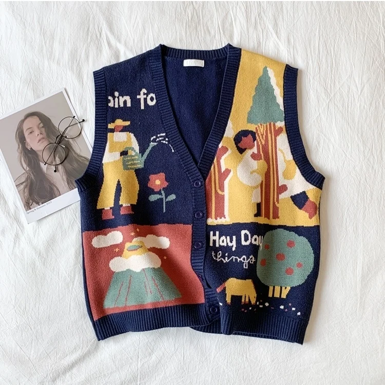 

2023 Autumn New Vintage Japanese Graffiti Jacquard Sweater Vest Women's Loose Outerwear Knitted Tank Top Cardigan Trend