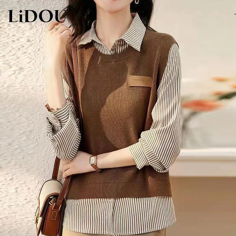 

Spring Autumn Fake Two Piece Striped Sweater Vest Patchwork Shirt Ladies Long Sleeve Casual Fashion Pullover Top Women Blouse