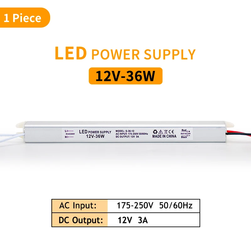 

Светодиодный Драйвер MARPOU 36W DC12V 24V С Алюминиевым Корпусом, Трансформатор Для Светодиодных Светильников, Вход AC175V-250V