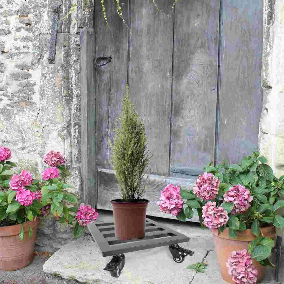 

Metal with Wheels Idler Stand Flower Potted Holder Rack for Indoor Outdoor Garden Container Accessories