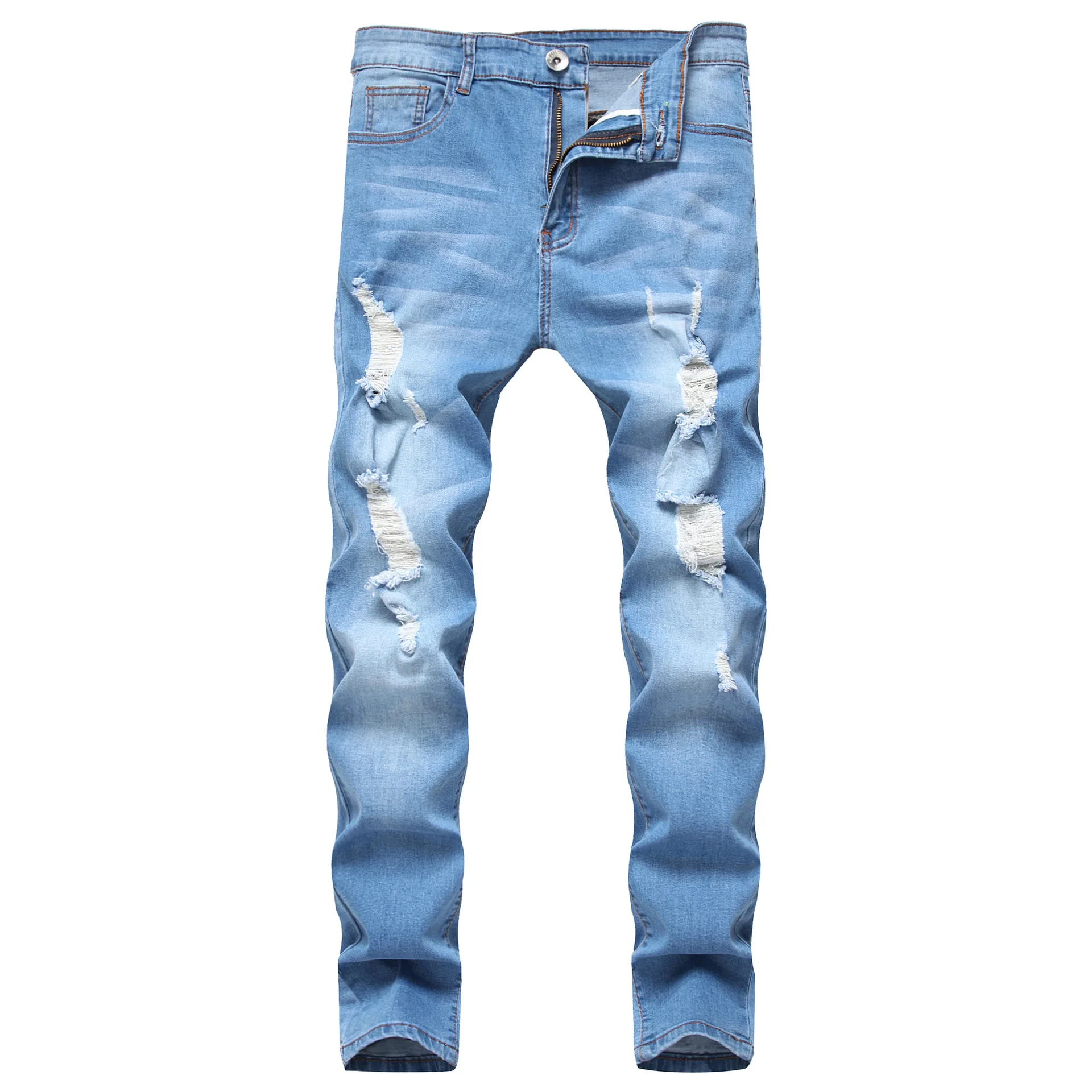 Fashion Autumn New Men' Trousers Everyday Casual Classic Light Blue Slim Straight Leg Jeans Summer Ripped Thin Jeans Ropa hombre