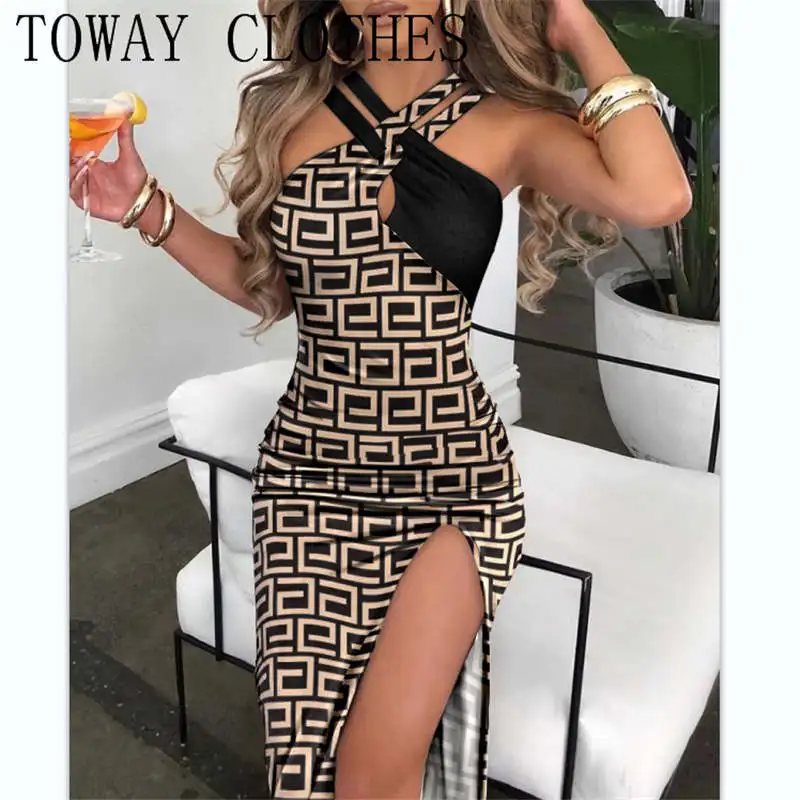 

Women Geometric Print Crisscross Halter High Slit Dress Fashion Sleeveless V Neck Halter Corset Evening Dress