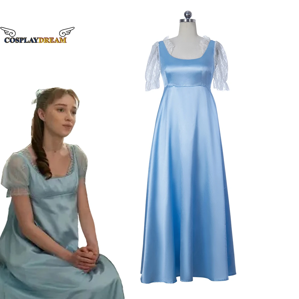 Bridgerton Daphne Blue Dress Women Blue Regency Dress Ball Gown Jane Austen Dress High Waistline Dress Lace Sleeves