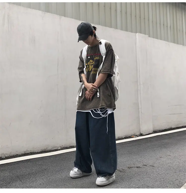 New Fashion Individuality Japanese-style Jean Men Loose Stripe Denim Pant Bule/Black Man and Women Hip Hop Streetwear Trouser