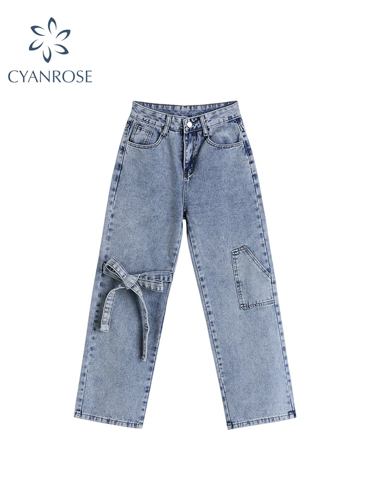 

2022 New Summer Vintage Jeans Woman High Waist Baggy Bownot Design Loose Casual Streetwear Fashion Harajuku Denim Wide Leg Pants