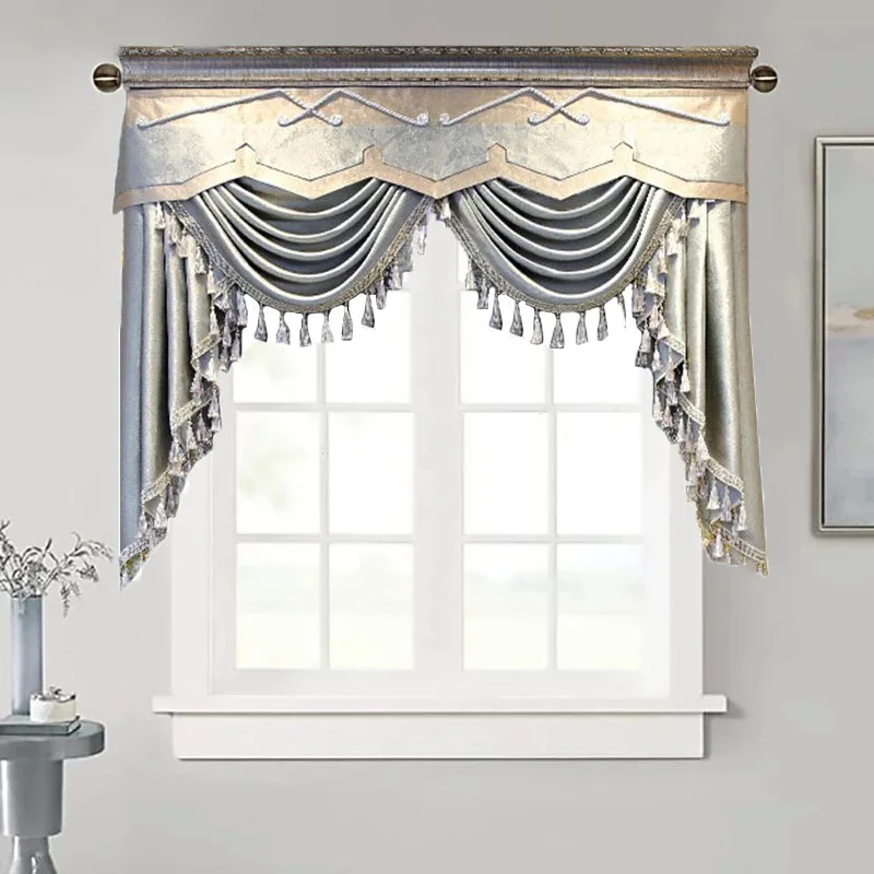 

Luxury Grey Waterfall Swags Valances European Royal Style Valance Pelmet Villa Bedroom Kitchen Window Curtain Rod Pocket Top