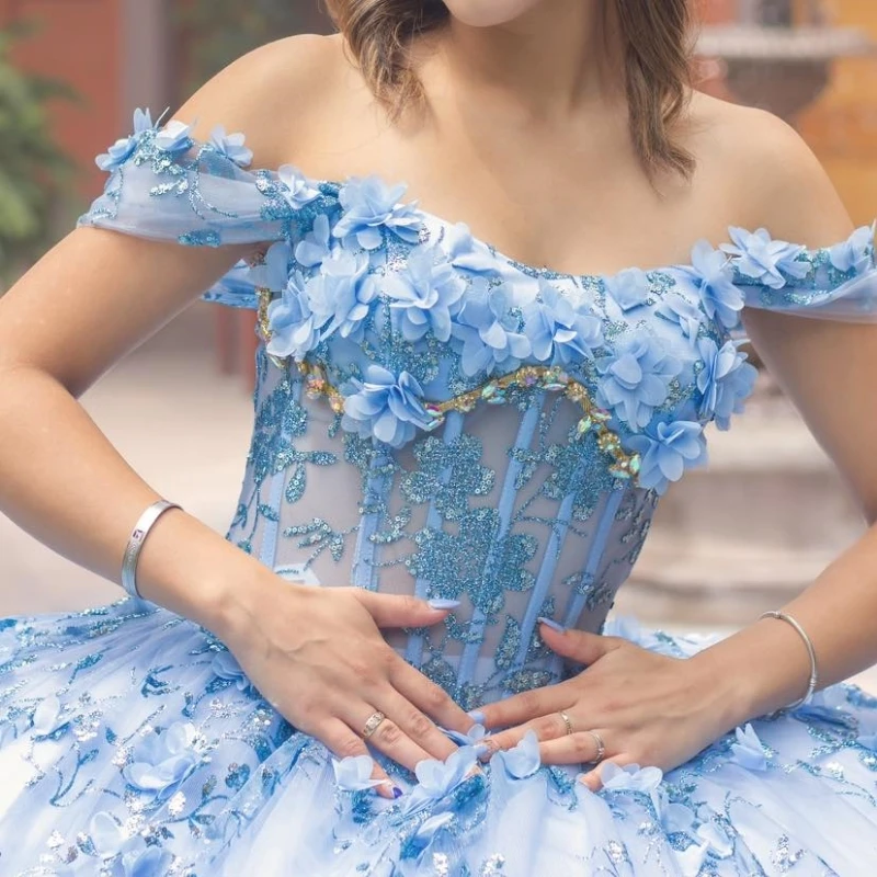 Небесно-голубое блестящее платье Quinceanera с открытыми плечами и блестками