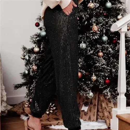 Sequined Sequins Elastic with and Cuffs Trousers