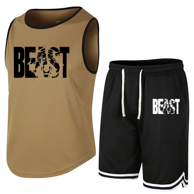 2 Pcs/Set  Set BEAST Men's Suits Running Shirts/Vests+Sports Shorts Jogging Mens Sportswear Suit Soccer Running Fitness Gym Sets