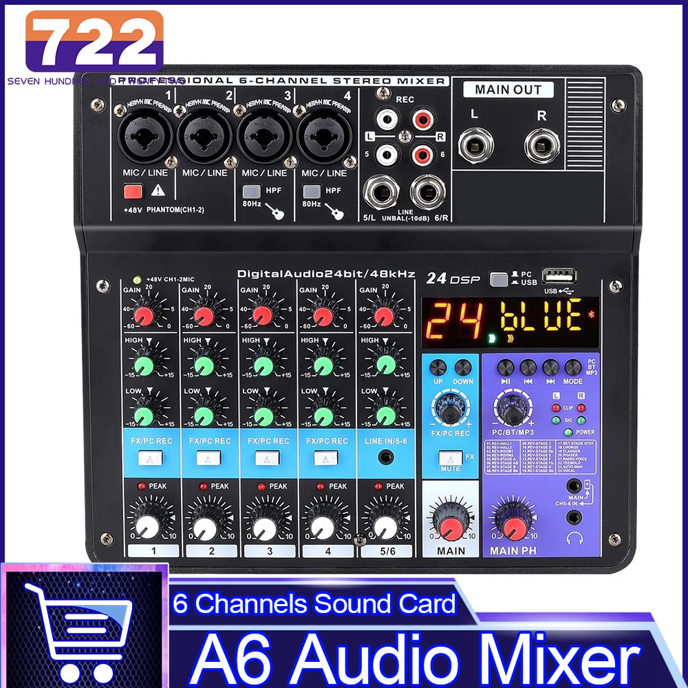 A6 Audio Mixer Portable Mixing Console 6 Channels Sound Card USB Play Record Computer Playback Broadcast Podcast dj controller