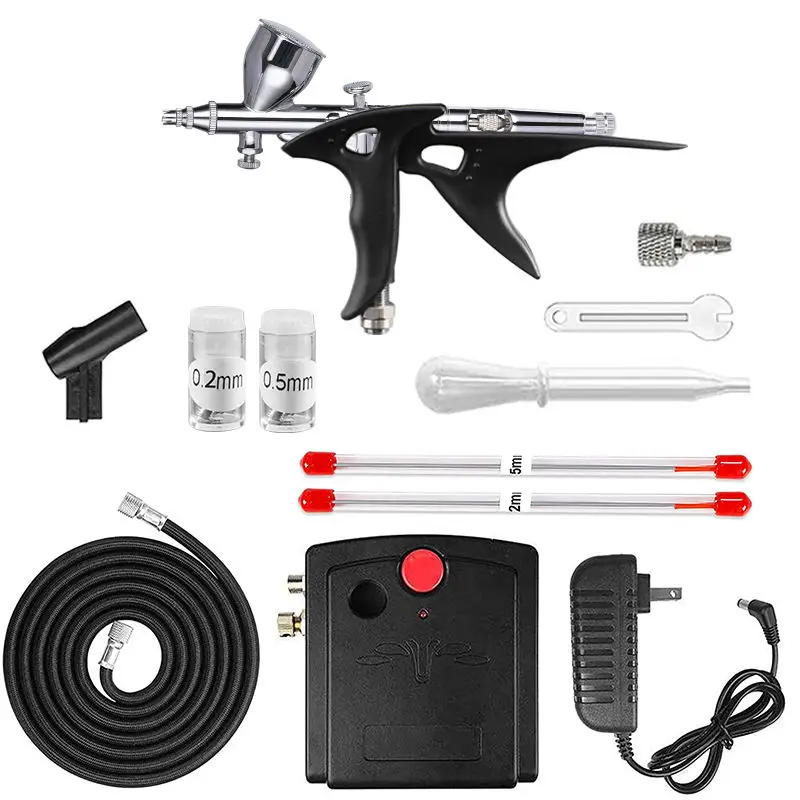 Dual-Action Airbrush Auto-Stop Compressor Kits With Black Holder 0.2/0.5mm Spray Needle Nozzle for Model Cake Painting Nail Art