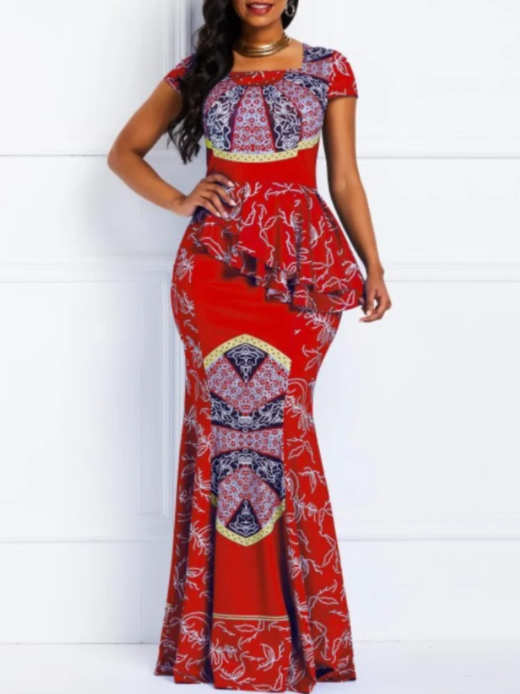 

AOMEI Women Retro Printed Long Dress Mermaid Ruffles Square Collar Short Sleeve Ruffled Package Hips Maxi Dress Fomal Occasion