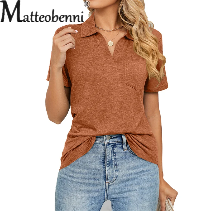 

Summer New Chest Splicing Pocket Lapel T-Shirt Women's Elegant Solid Color Short Sleeve Tees Casual Versatile Basic Female Tops