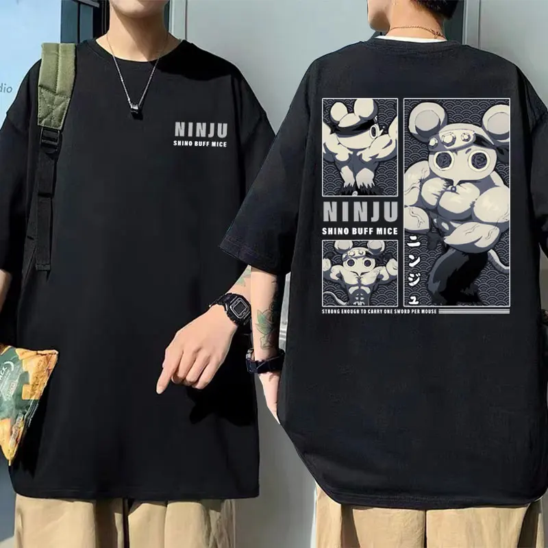 Muscular Ninja Mice Muki Gym Mouse Meme Tshirt Anime Demon Slayer Uzui Tengen Graphic Tees Men Women Cartoon Oversized T-shirts