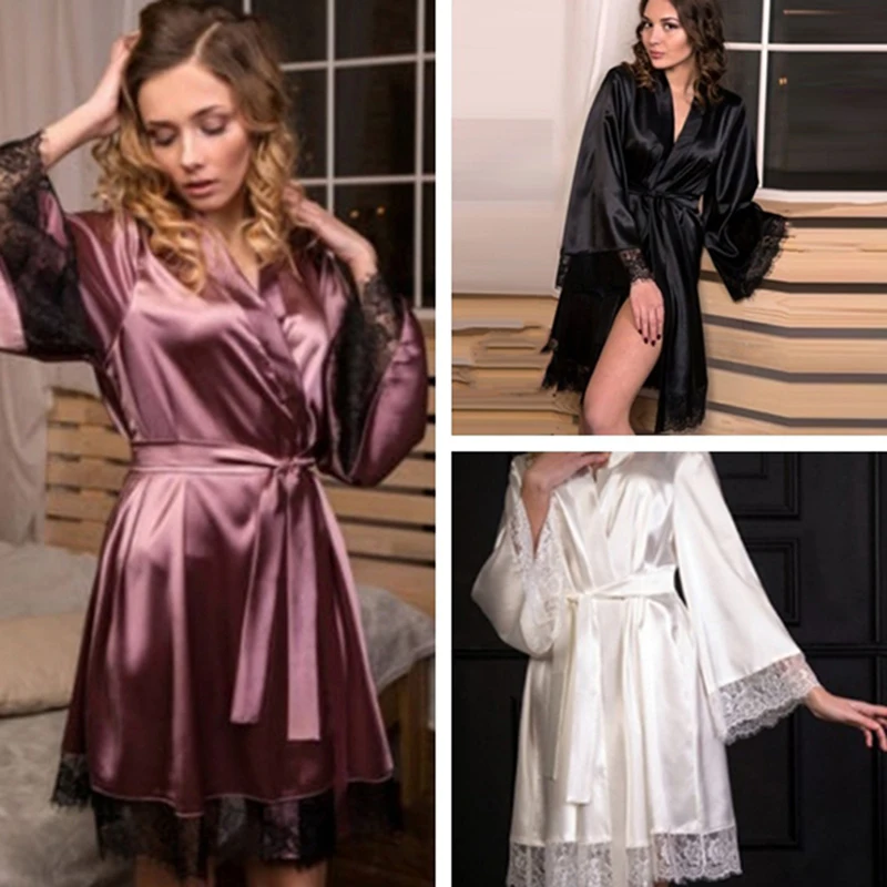 

Women Lace Sexy Sleepwear Mid Sleeve Night Gown Bathrobes Silky Satin Robes Thin Luxury Pajamas Exotic Apparel Belt Nightdress