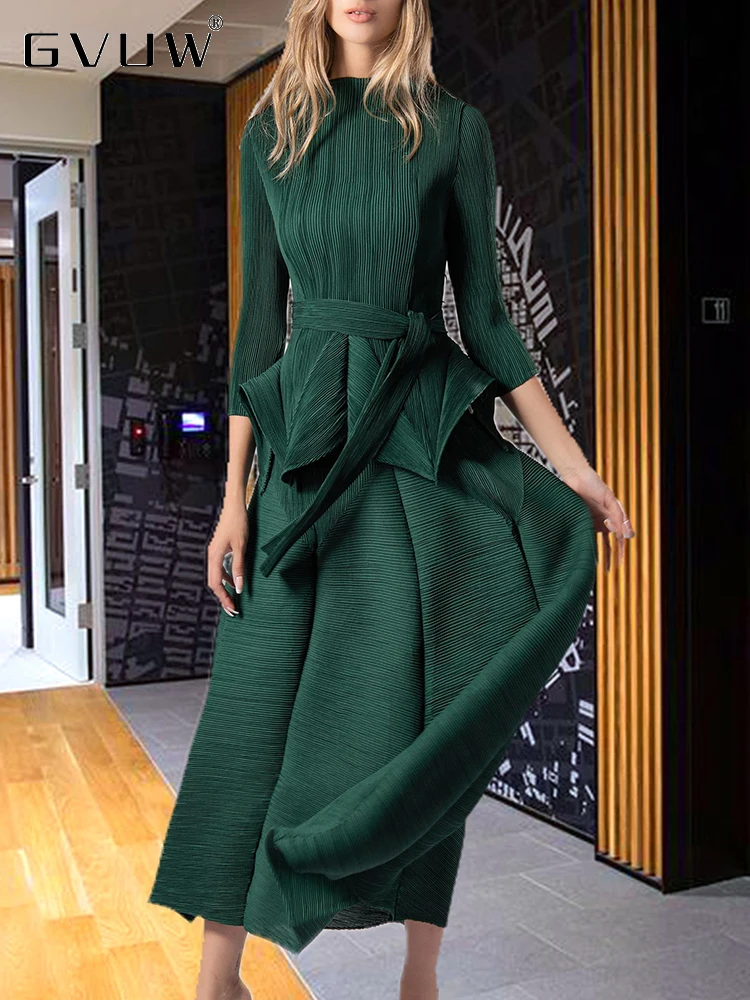 

GVUW Solid Color Lace-up Sets For Women Elastic Waist Loose Skirts Mock Neck Tops Female Elegant Comfort Set 2023 Autumn 17J0887