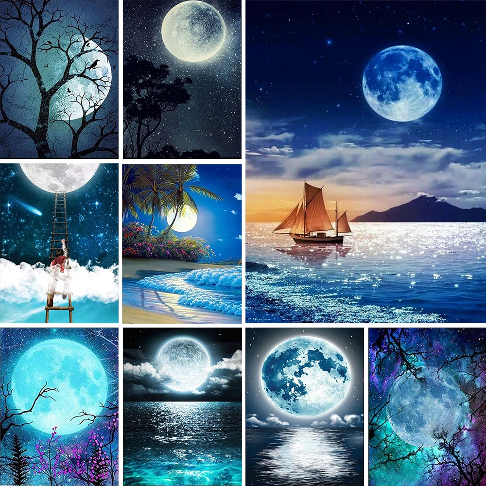 

Beautiful Moon DIY 5D Diamond Painting Tree Shadow Sea Scenery Cross Stitch Kit Full Drill Embroidery Mosaic Picture Home Decor