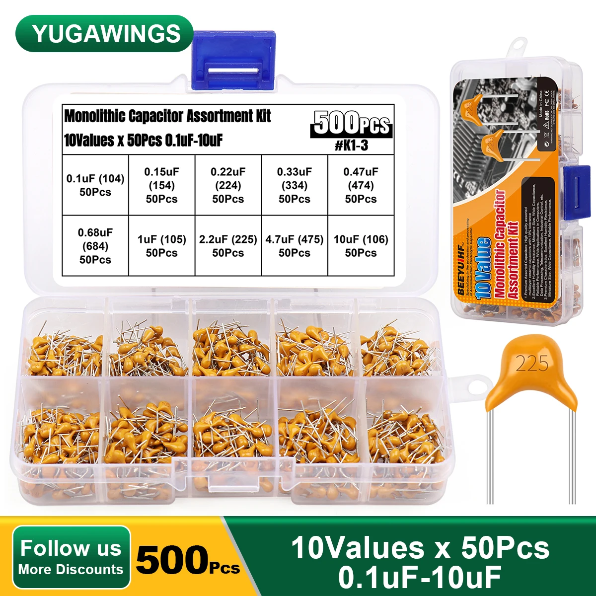 

500Pcs Yugawings Monolithic Ceramic Capacitor Kit 10Values x 50Pcs 0.1uF 0.15uF 0.22uF 0.33uF 0.47uF 0.68uF 1uF 2.2uF 4.7uF 10uF