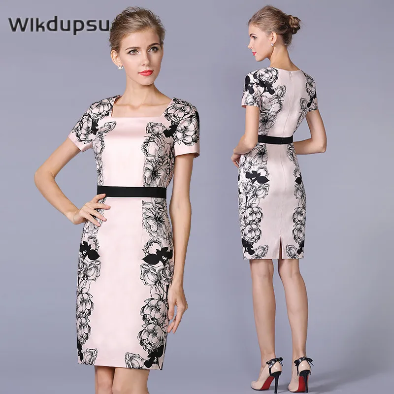 

Vintage Summer Women Elegant Square Neck Work Dresses Business Office Ladies Pencil Dress Female High Quality Floral Print Dress