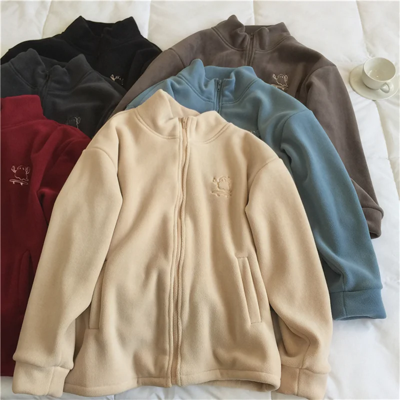 

Y2K Clothes Women Embroidery Fleece Jacket Korean Fashion Stand Collar Zipper Plush Sweatshirt Thick Warm Sweater Outwear Hoodie