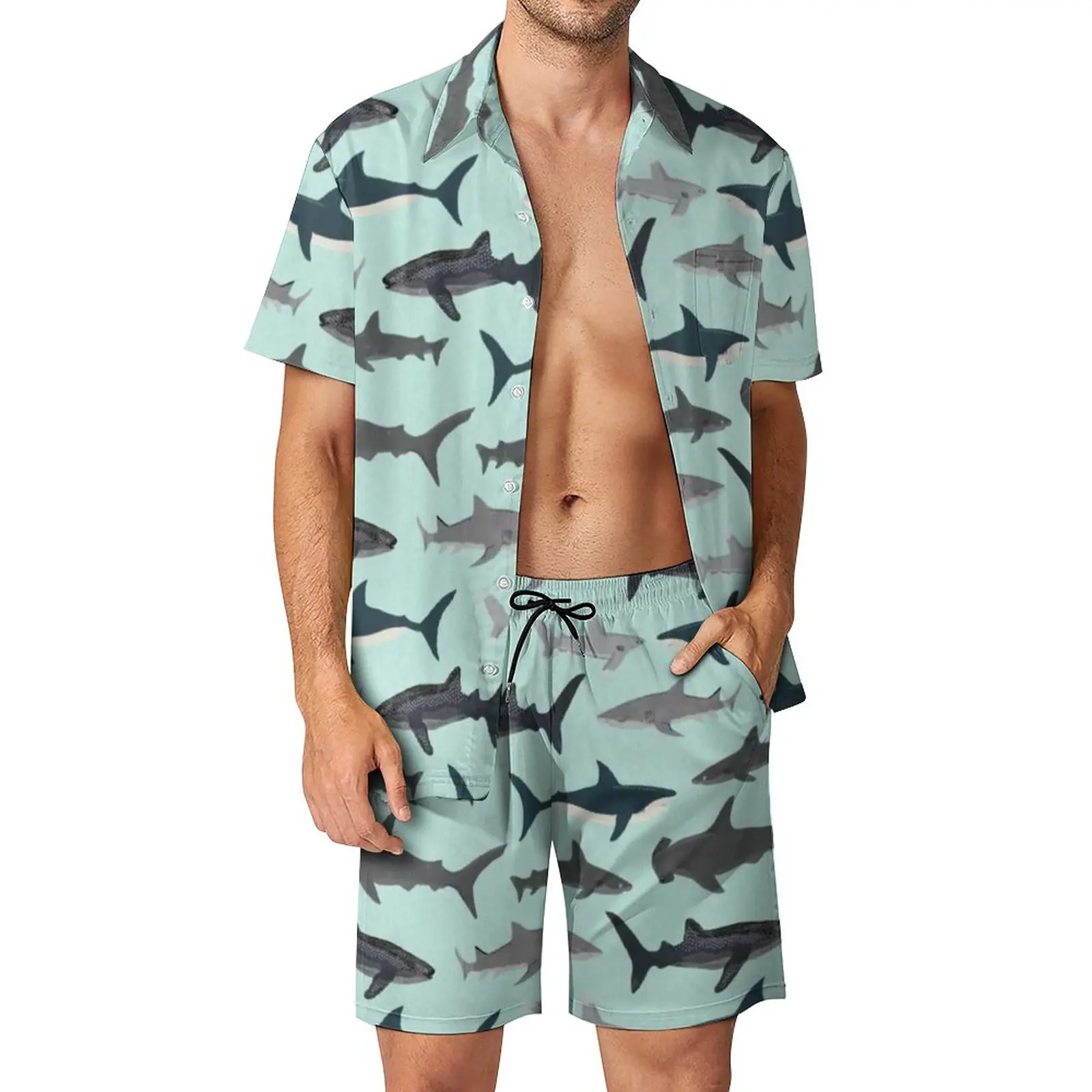

White Shark Men Sets Sharks Illustration Art Print Casual Shorts Vintage Beach Shirt Set Short Sleeve Graphic Plus Size Suit