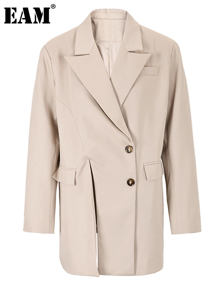 

[EAM] Женский блейзер абрикосового цвета с асимметричным разрезом, большой размер, новая свободная куртка с отворотом и длинным рукавом, модная весенне-осенняя коллекция 2023, 7AB368