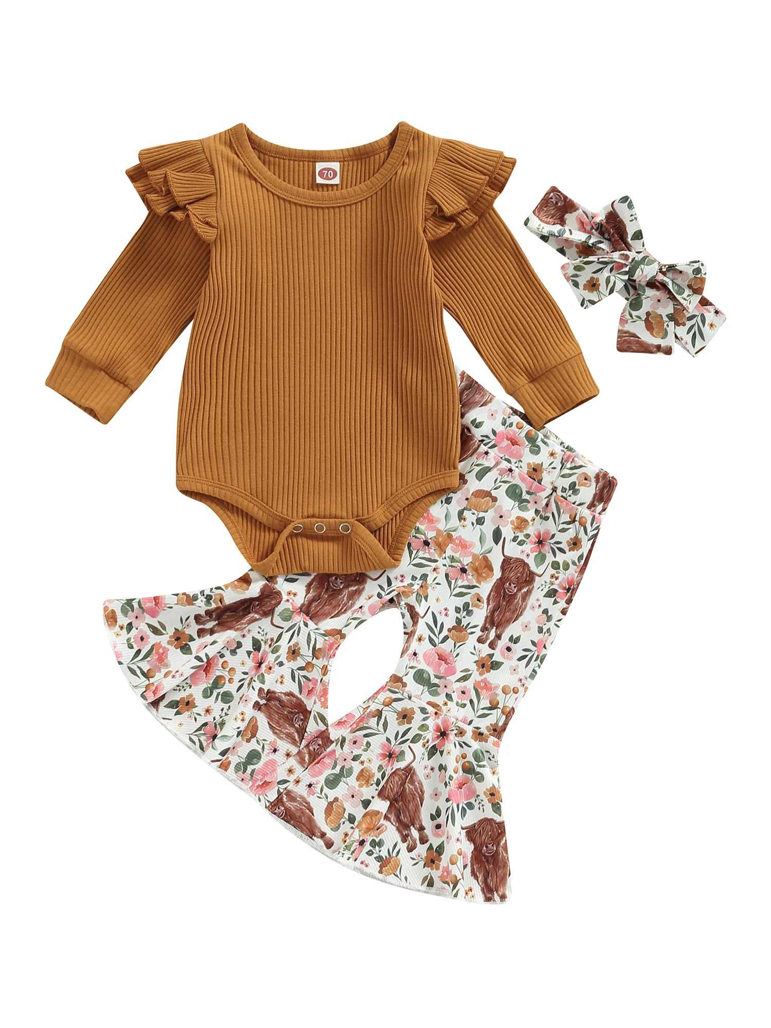 

3Pcs Baby Girl Spring Outfits Long Sleeve Romper Cow Flare Pants Headband Set