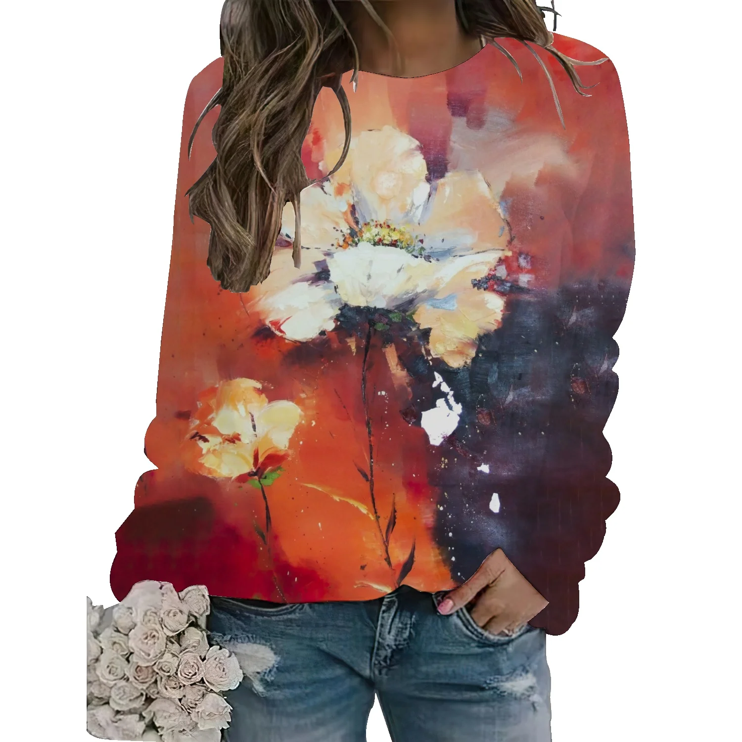 

American niche flower print thickened black hooded sweater female student autumn and winter new loose top