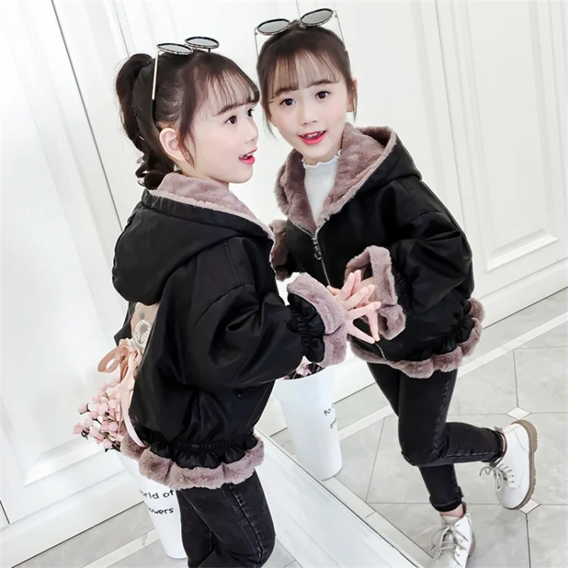 

Girls Coat Jacket Cotton Outwear Tops 2022 Black Warm Thicken Plus Velvet Winter Autumn Teenager Furs Sport Birthday Gift Childr