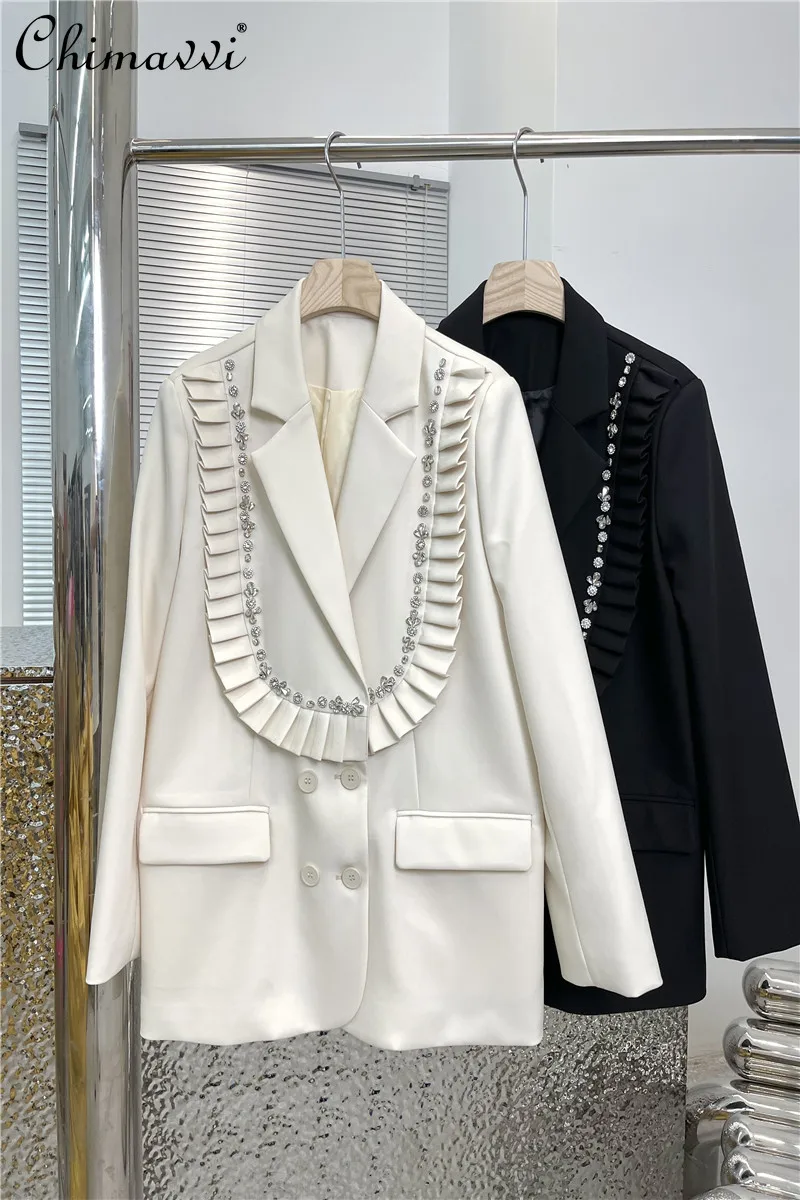 

European 2022 Spring New British Style Fashion Stringy Selvedge Coat Heavy Pearl Advanced Long Sleeve Loose Suit Jacket Women